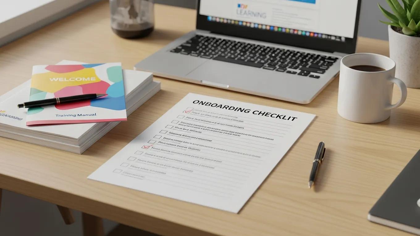 Organized structured onboarding checklist with training materials and a laptop on a desk