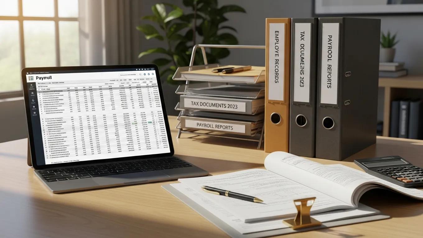 Organized workspace showing digital payroll tax records and neatly arranged compliance documentation