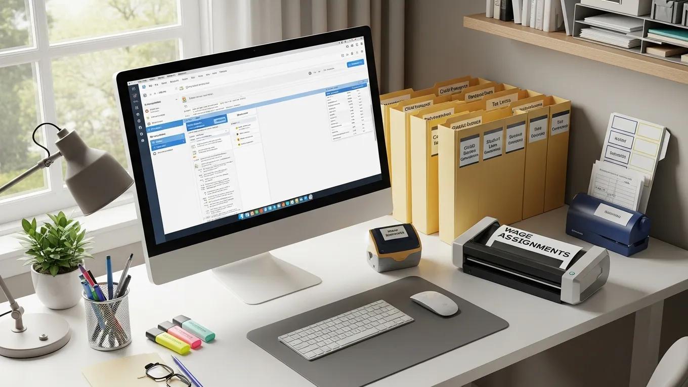 Organized payroll workspace with software and garnishment order documents illustrating best practices for payroll garnishment compliance