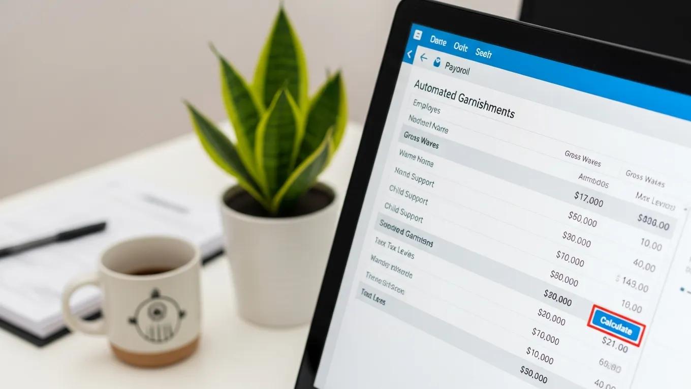 Payroll software displaying automated calculations for wage garnishments in a productive workspace