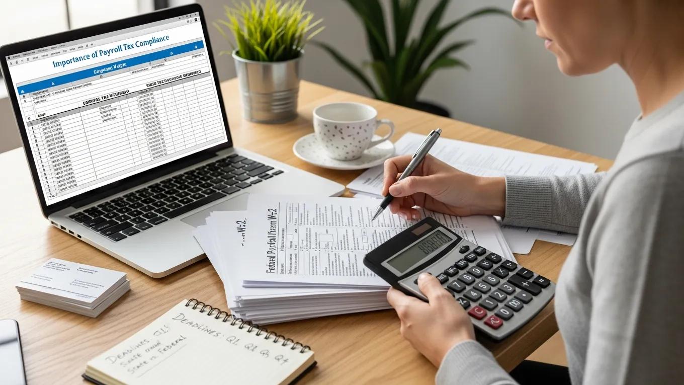 Person reviewing payroll tax documents with a calculator and laptop