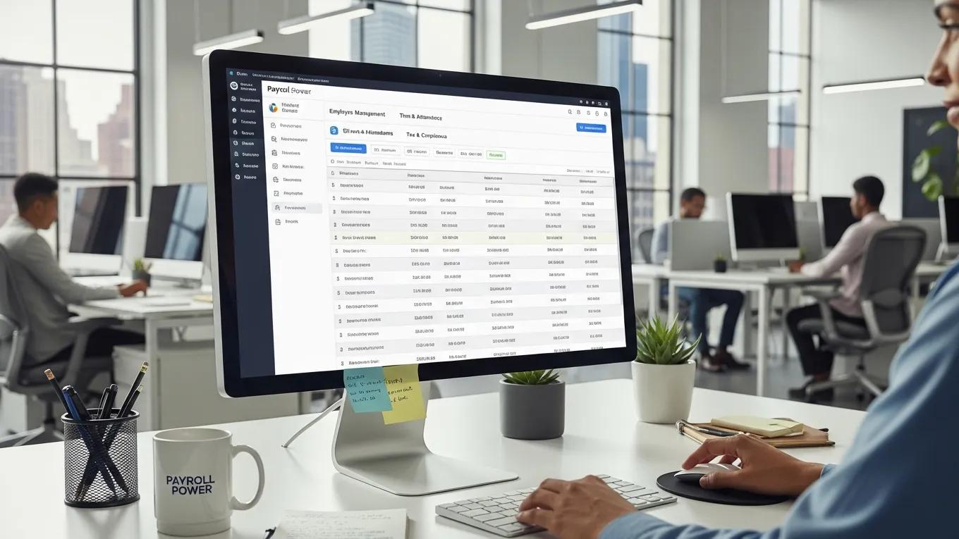 Person using payroll software on a computer in a modern office setting