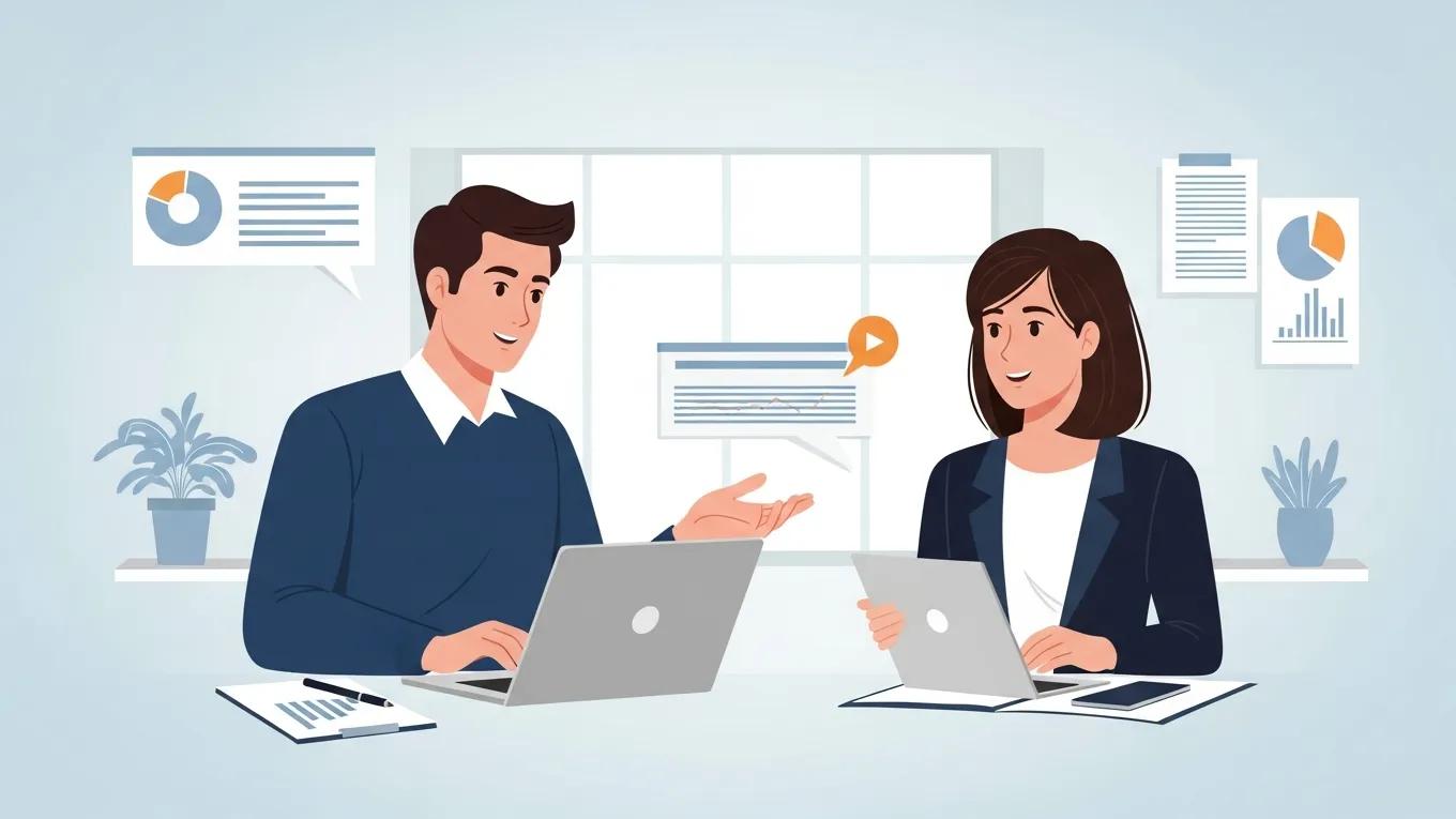 Professional consultant discussing outsourced payroll services with a client in a modern office setting