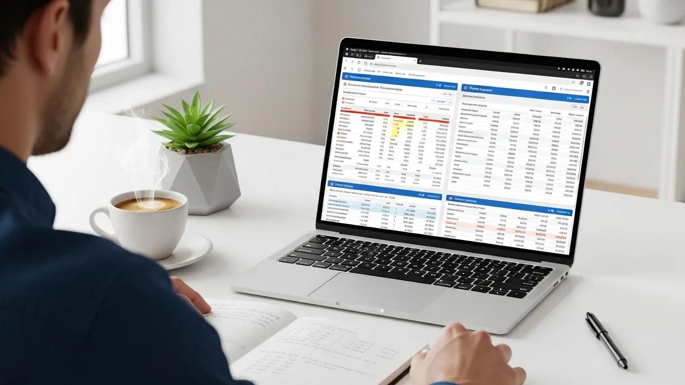 Professional reviewing integrated timekeeping and payroll data on a laptop in a modern workspace