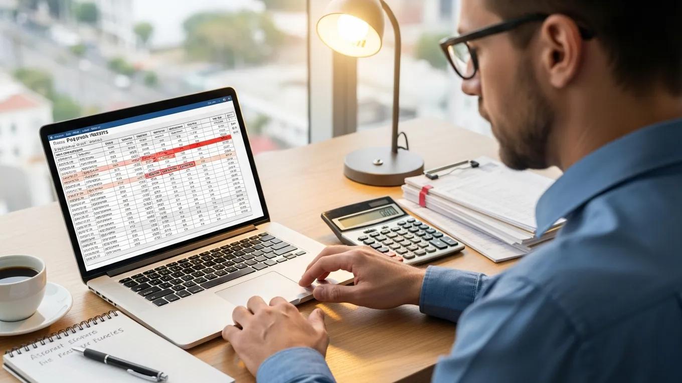 Professional reviewing payroll records to identify and correct payroll errors in a well-organized workspace