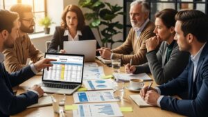 Professionals discussing payroll deductions in a modern office setting