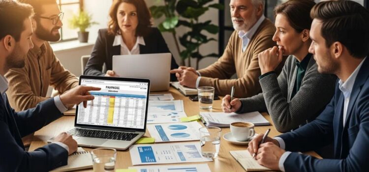 Professionals discussing payroll deductions in a modern office setting