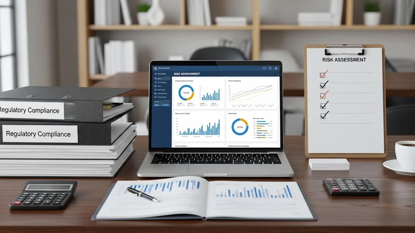 Risk assessment tools including software and compliance documents on a desk