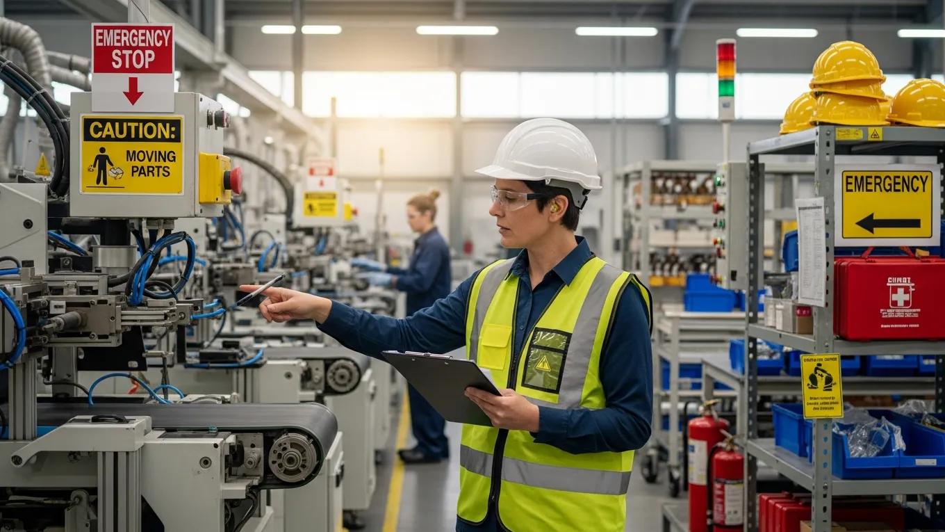 Safety officer conducting a risk assessment in a factory, emphasizing hazard identification