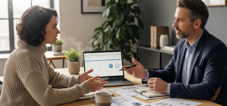 Small business owner consulting on HR strategies in a modern office