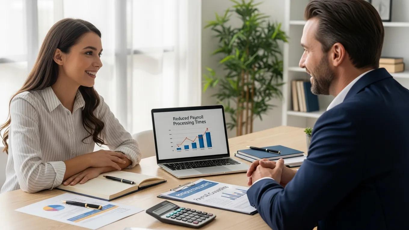 Small business owner consulting with a payroll outsourcing expert to improve payroll reporting and analytics