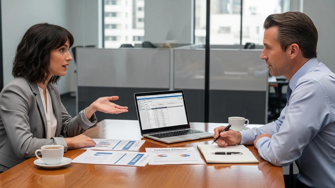 Small business owner consulting with payroll service provider to ensure payroll compliance and tax accuracy