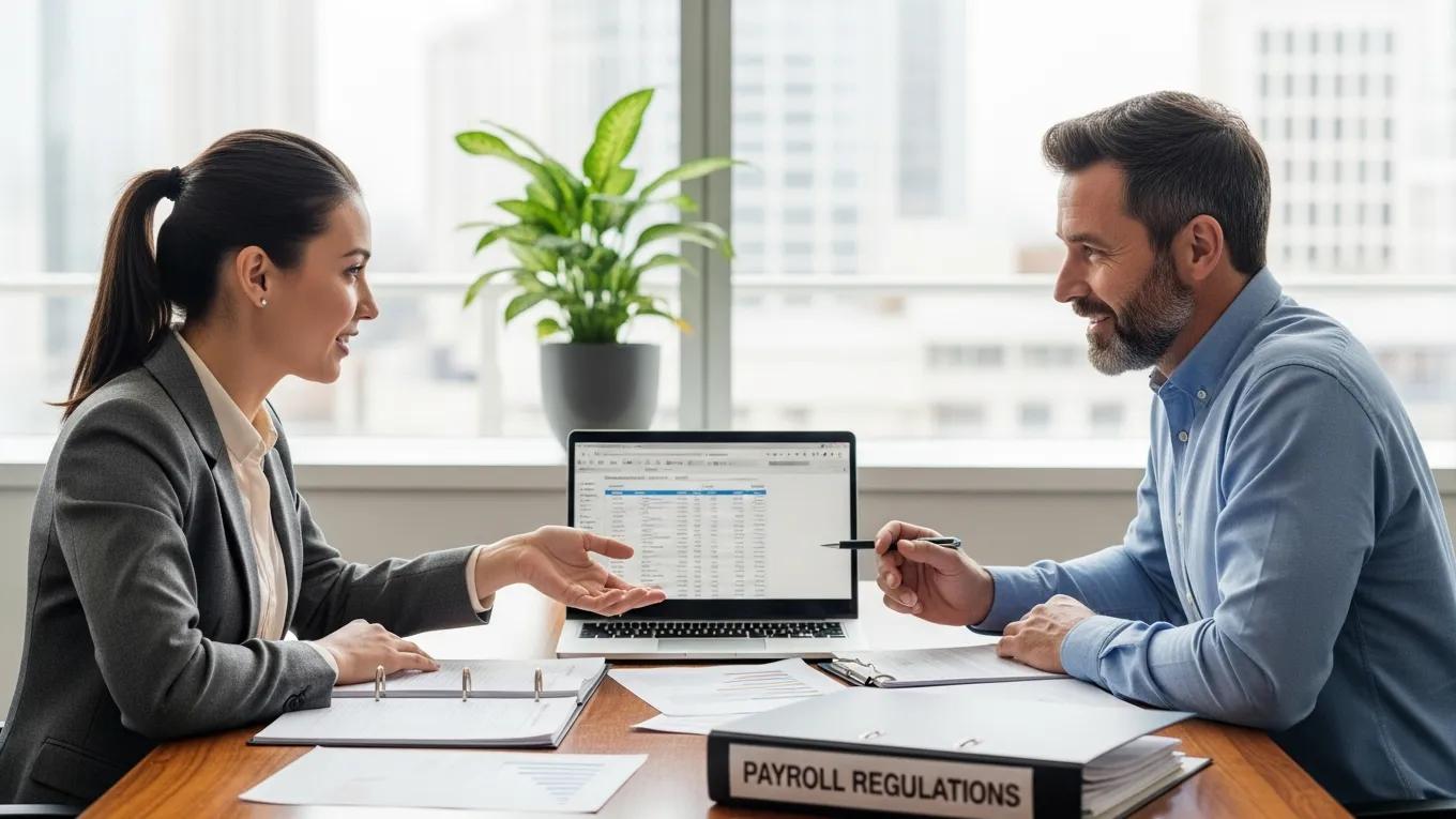 Small business owner consulting with an outsourcing expert on payroll tax compliance and filing requirements