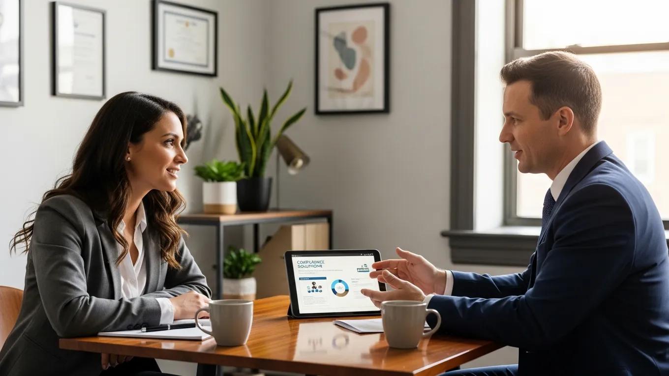 Small business owner consulting with a PEO representative about employment law compliance and HR risk management solutions
