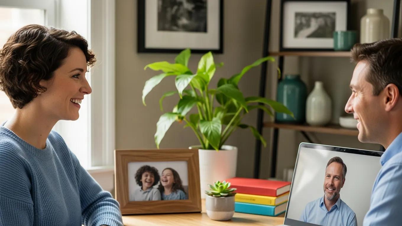 Small business owner engaging with a payroll service provider via video call in a cozy home office