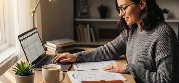 Small business owner managing payroll compliance at a cozy desk with documents and a laptop
