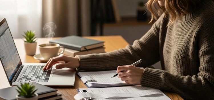 Small business owner managing payroll compliance with a laptop and paperwork