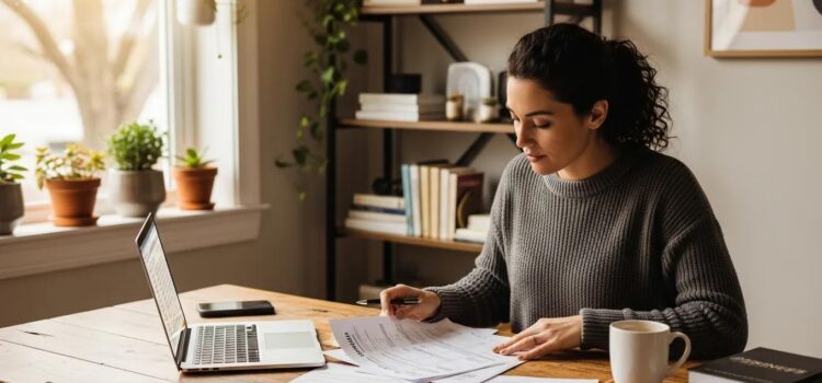 Small business owner managing payroll documents in a cozy office setting