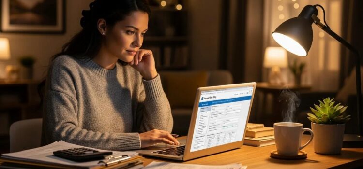 Small business owner managing payroll tax filing with a laptop and paperwork