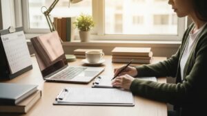 Small business owner managing payroll tax filing with a laptop and tax forms