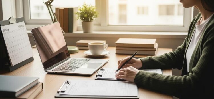 Payroll Tax Filing: Compliance and Calendar Small business owner managing payroll tax filing with a laptop and tax forms