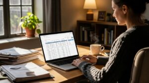 Small business owner managing payroll with a laptop and paperwork