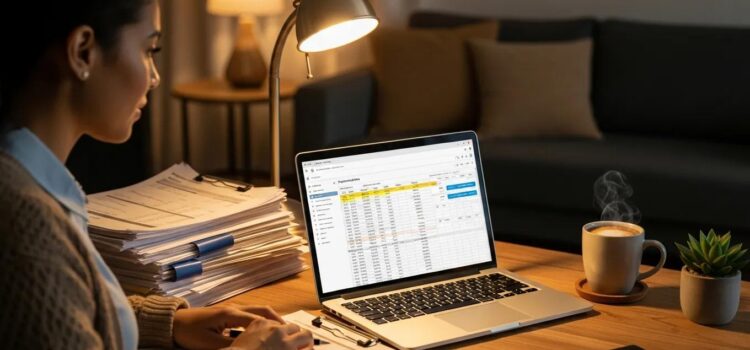 Small business owner managing payroll with a laptop and paperwork in a cozy workspace