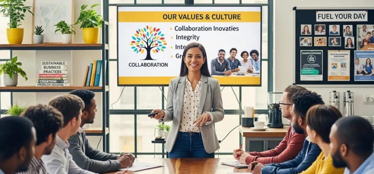 Small business owner presenting company values to potential employees