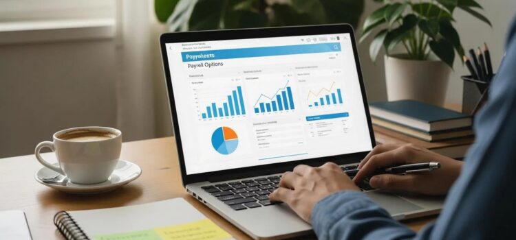 Small business owner reviewing payroll options with a laptop and coffee
