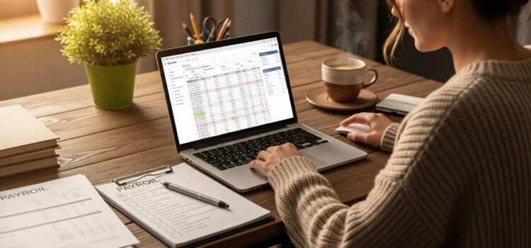 Small business owner reviewing payroll setup checklist at a cozy desk
