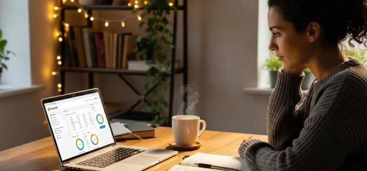 Small business owner using payroll software at a cozy desk with coffee and notepad