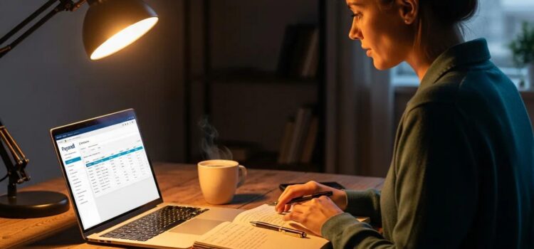 Small business owner using payroll software on a laptop with a cozy workspace atmosphere