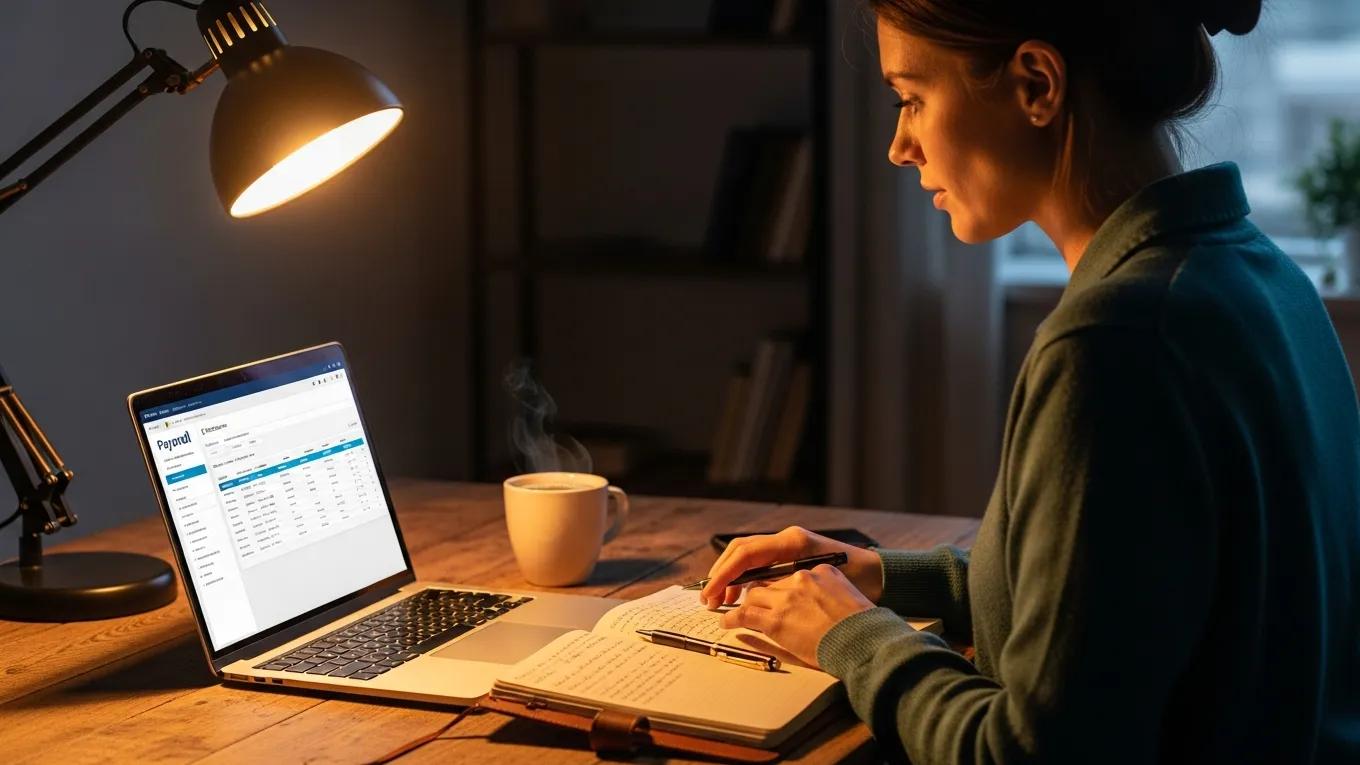 Woman using payroll software on a laptop in a cozy workspace, writing notes in a notebook with a steaming cup of coffee nearby.