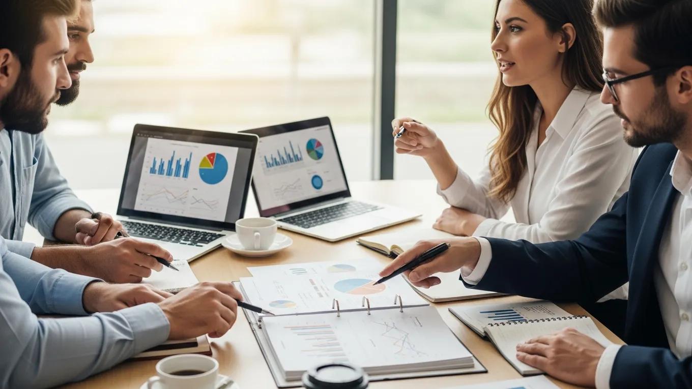Small business team analyzing HR financial reports in a conference room