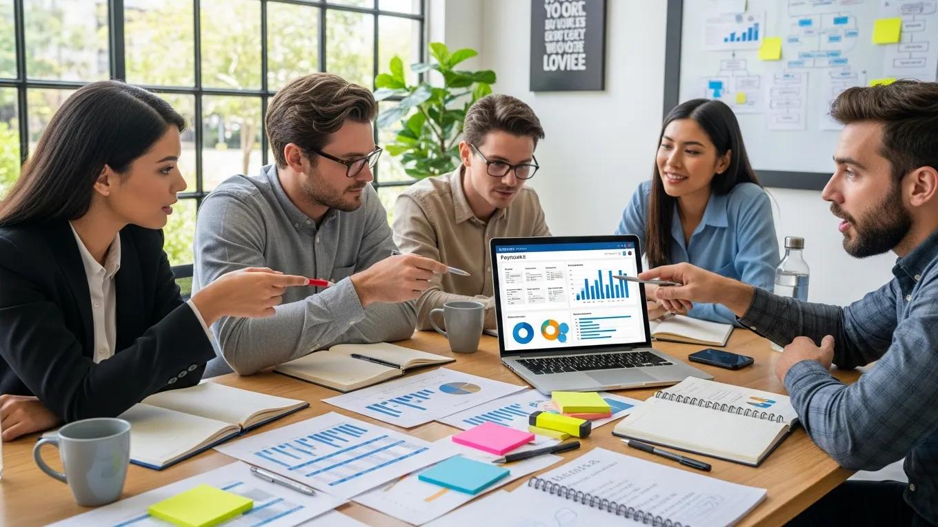 Small business team evaluating payroll software features together
