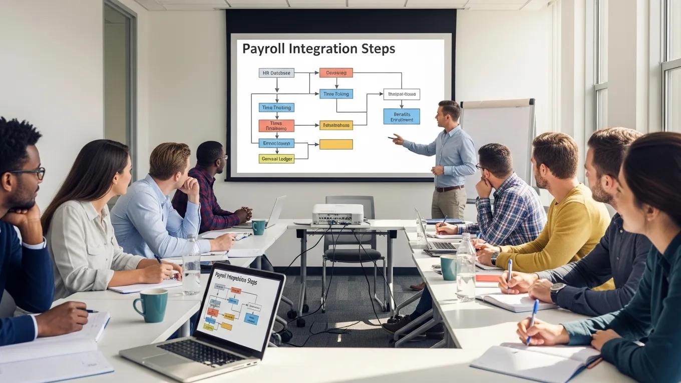 Team training on payroll system integration in a modern training room