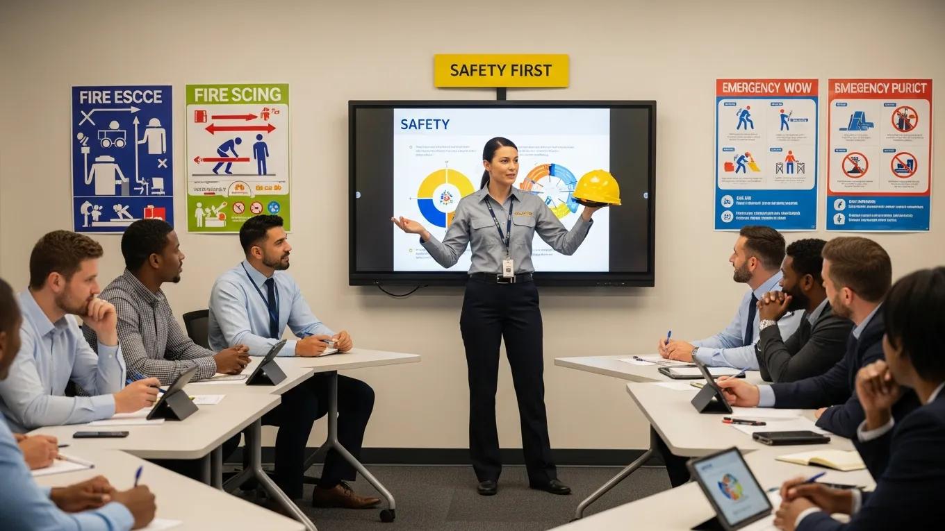 Trainer conducting a safety training session with engaged employees