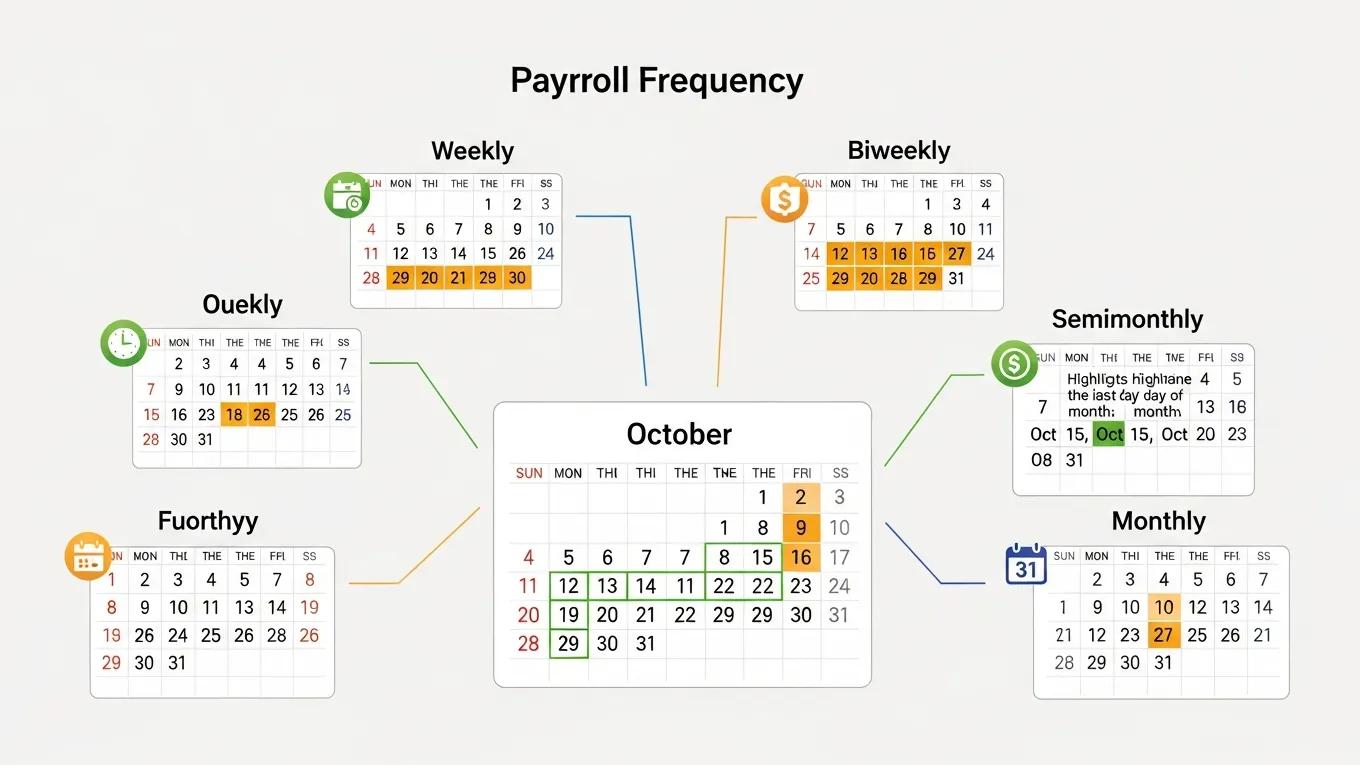Visual representation of various payroll frequency types with highlighted pay periods