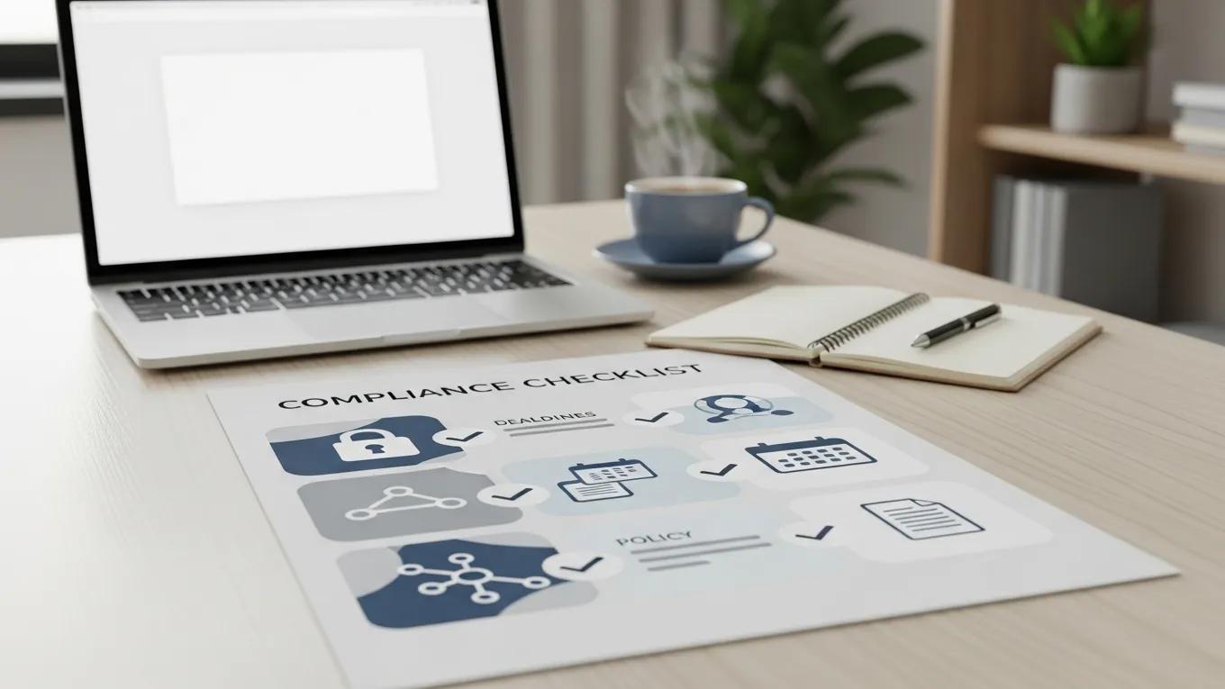 Workspace featuring a detailed compliance checklist for structured remote and hybrid work policy templates