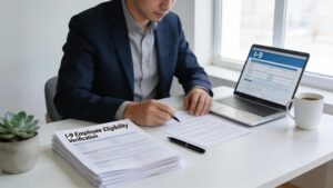 Remote worker completing I-9 compliance forms in a modern workspace
