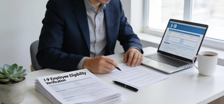 Remote worker completing I-9 compliance forms in a modern workspace