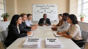 Workplace conversation about employee termination, emphasizing professionalism and compliance