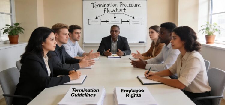 Workplace conversation about employee termination, emphasizing professionalism and compliance