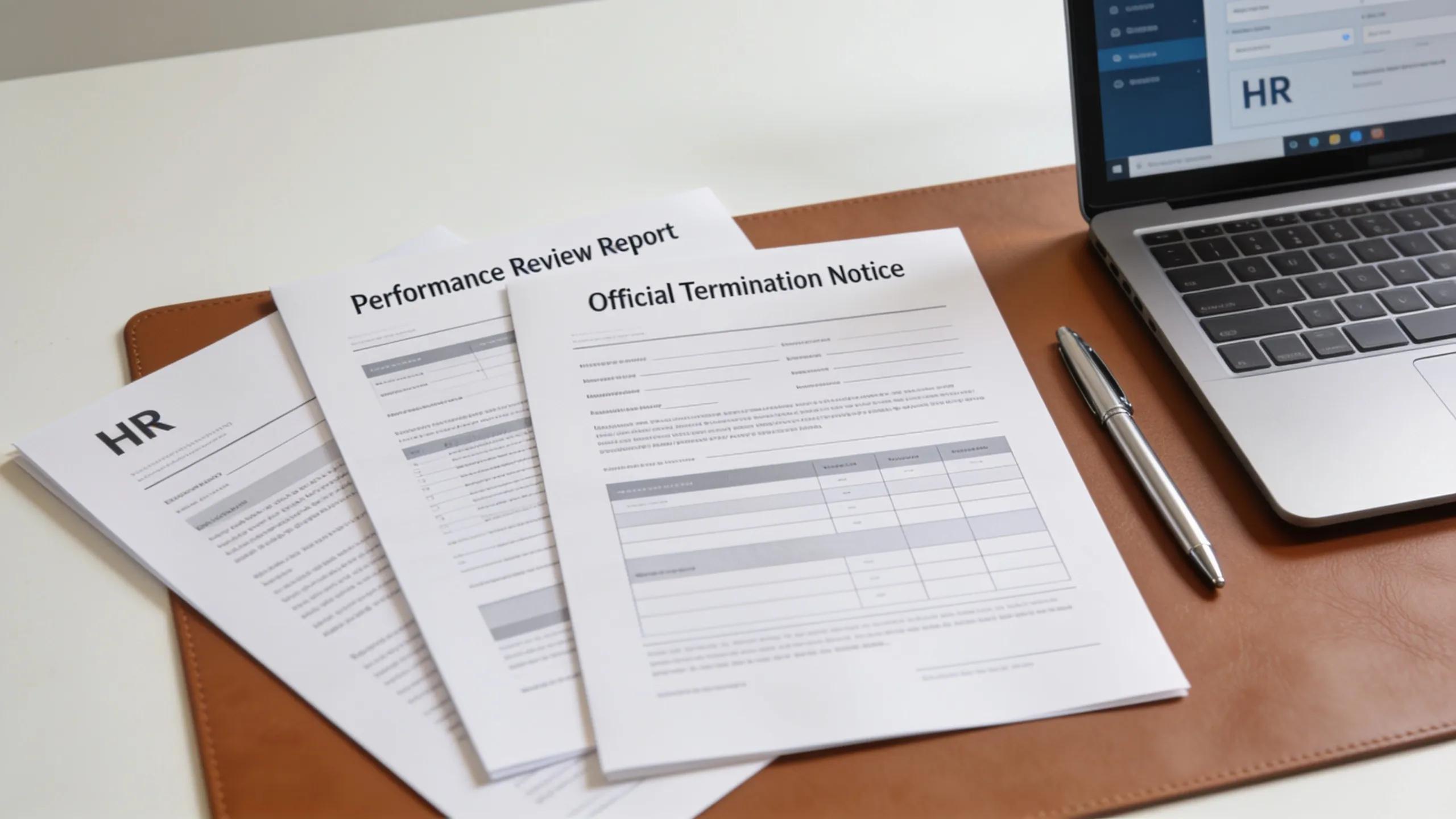 HR documentation including performance reviews and termination notices on a desk