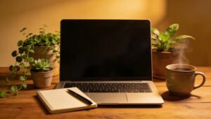 Cozy home office setup emphasizing remote work stipends with laptop and comfort elements