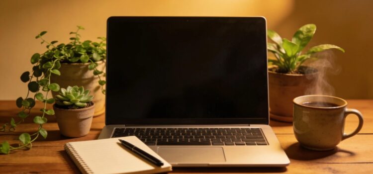 Cozy home office setup emphasizing remote work stipends with laptop and comfort elements