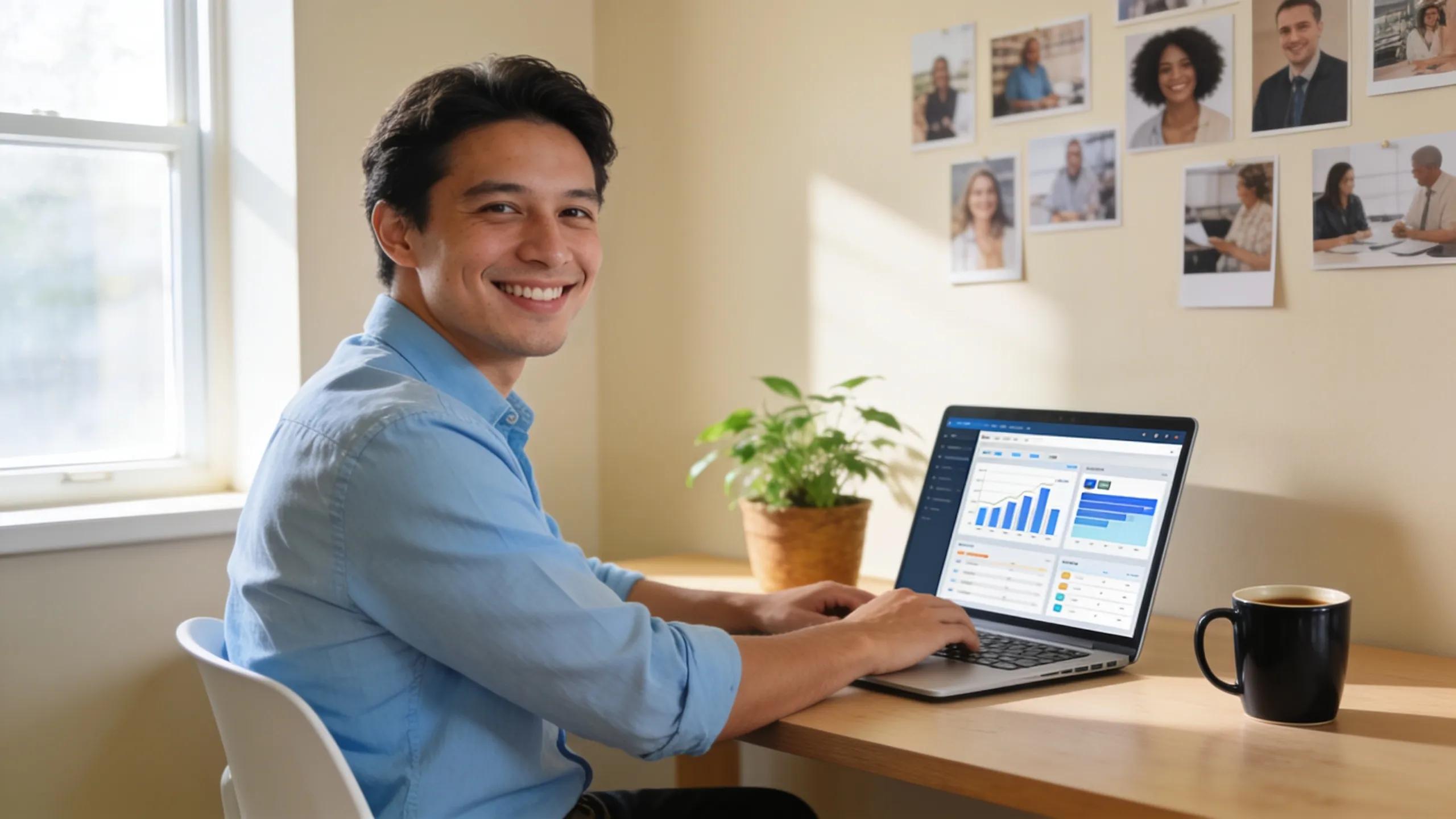 An employee smiling at their desk, representing the benefits of workplace fairness and employee satisfaction