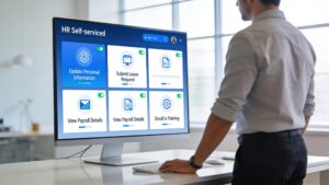 Employee viewing a digital HR dashboard for self-service tasks in a modern office