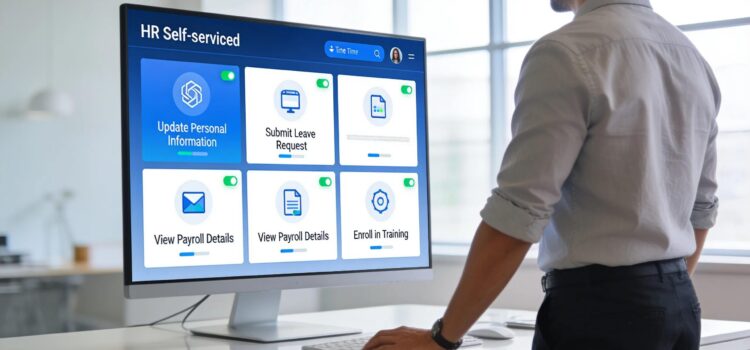 Employee viewing a digital HR dashboard for self-service tasks in a modern office