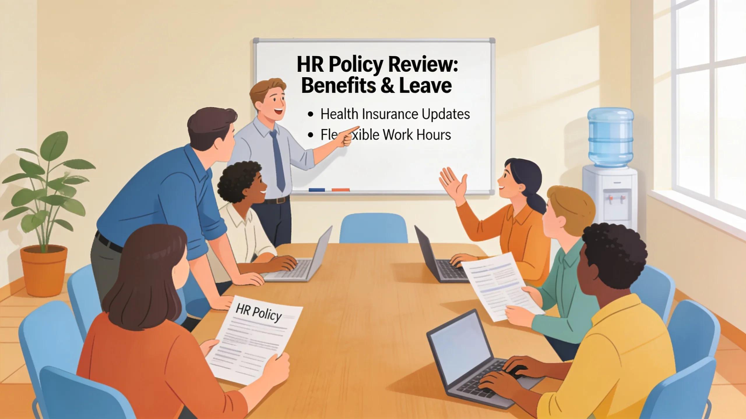 Employees engaged in a team meeting discussing essential HR policies for small businesses